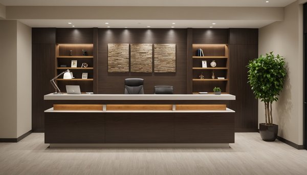 Comptoir d'accueil avec tablettes murales : élégance et praticité